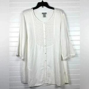 Maggie Barnes Catherines Blouse Women Plus Size OX White Linen Blend Button Up